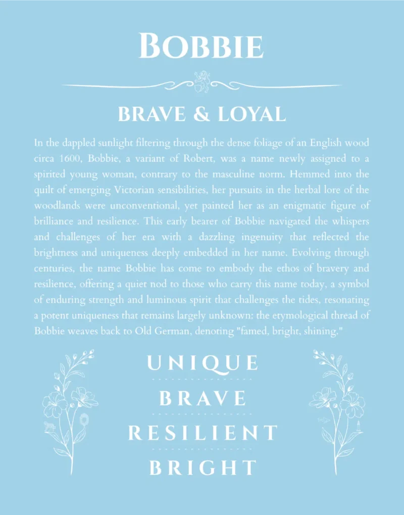 Bobbie personalized name art with origin story in light blue