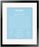 Bobbie personalized name art with origin story in light blue with black matte frame