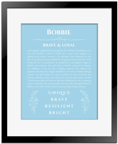 Bobbie personalized name art with origin story in light blue with black matte frame
