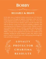Bobby name origin print with meaning and traits in orange