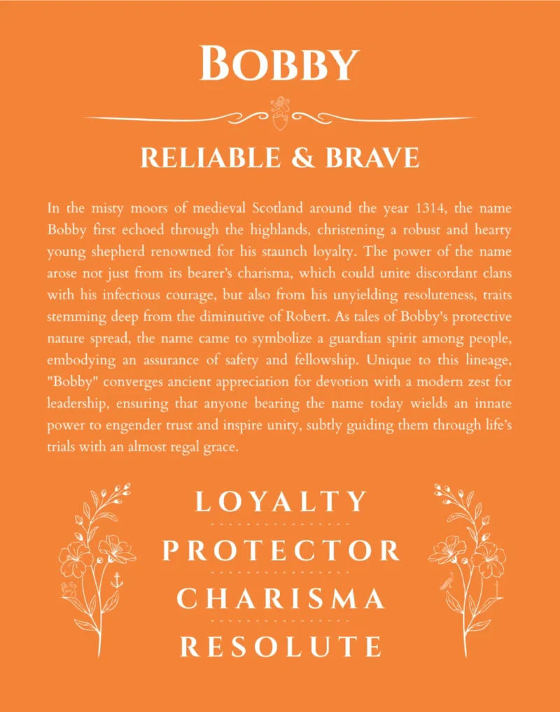 Bobby name origin print with meaning and traits in orange