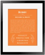 Bobby name origin print with meaning and traits in orange with black matte frame