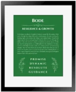 Bode personalized name art with origin story in dark green with black matte frame