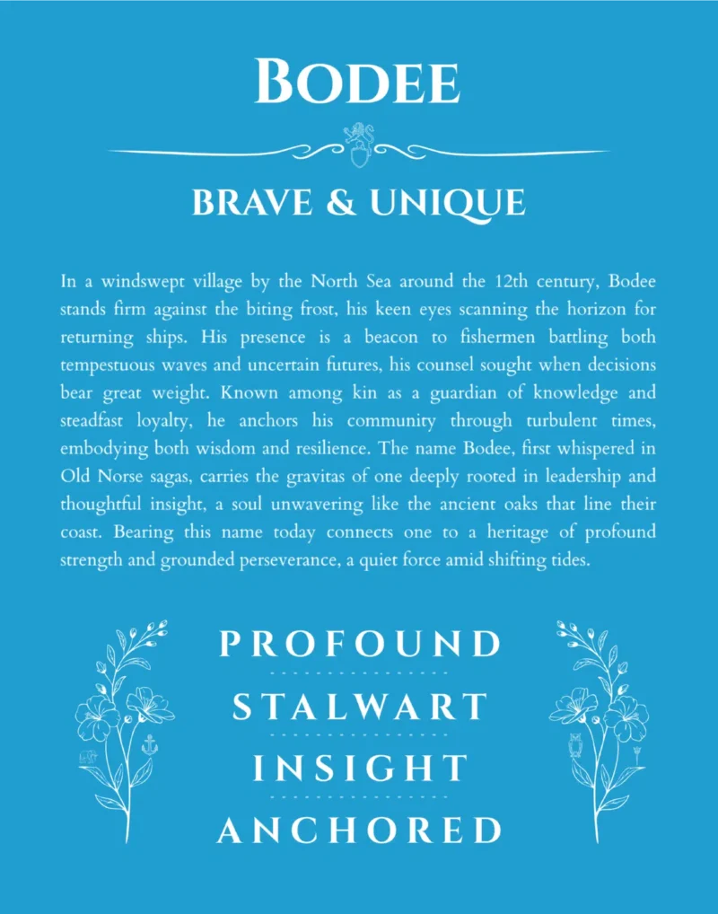 Bodee personalized name art with origin story in blue