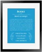 Bodee personalized name art with origin story in blue with black matte frame