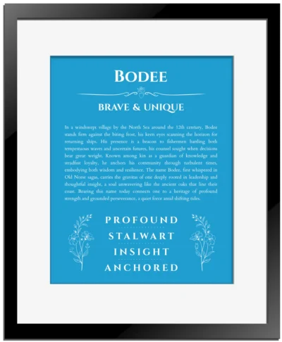 Bodee personalized name art with origin story in blue with black matte frame