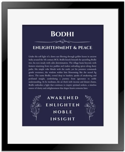 Bodhi name meaning wall art by Get Your Story in navy blue with black matte frame