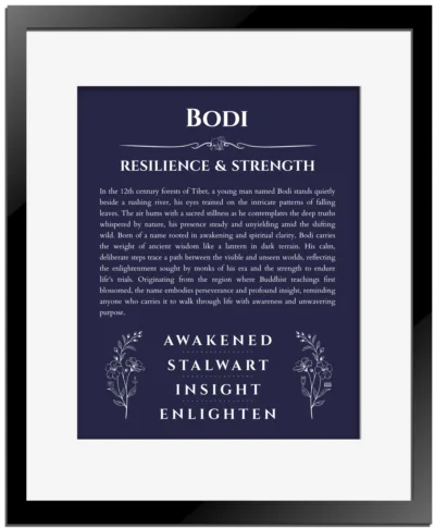Bodi name origin print with meaning and traits in navy blue with black matte frame