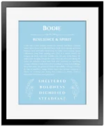 Bodie custom name print for wall display in light blue with black matte frame