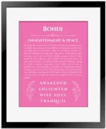 Bohdi name meaning wall art by Get Your Story in pink with black matte frame