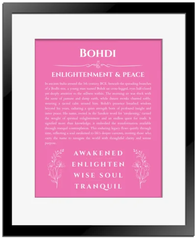 Bohdi name meaning wall art by Get Your Story in pink with black matte frame