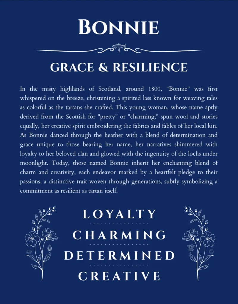 Bonnie custom name art showing meaning and origin in deep blue