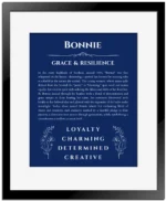 Bonnie custom name art showing meaning and origin in deep blue with black matte frame