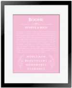 Boone name meaning wall art by Get Your Story in light pink with black matte frame