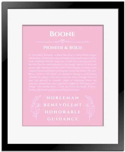 Boone name meaning wall art by Get Your Story in light pink with black matte frame