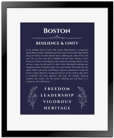 Boston name origin print with meaning and traits in navy blue with black matte frame