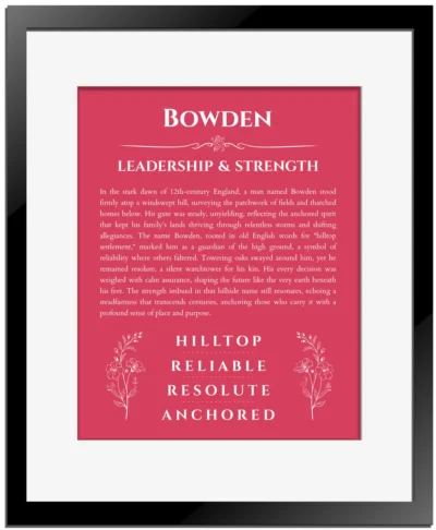 Bowden name origin print with meaning and traits in red with black matte frame