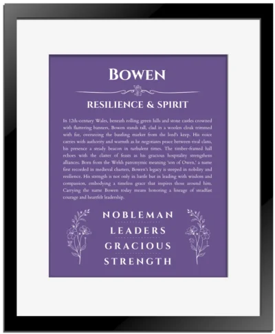 Bowen personalized wall art with the story of your name in purple with black matte frame