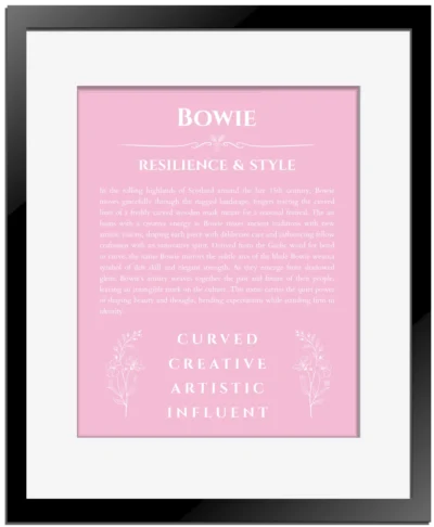 Bowie custom name meaning print in light pink with black matte frame