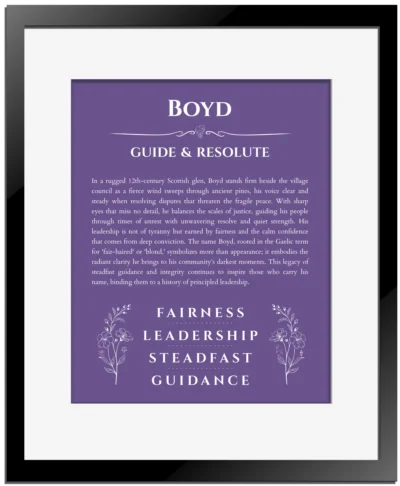 Boyd custom name art showing meaning and origin in purple with black matte frame