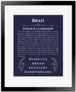 Brad custom name art showing meaning and origin in navy blue with black matte frame