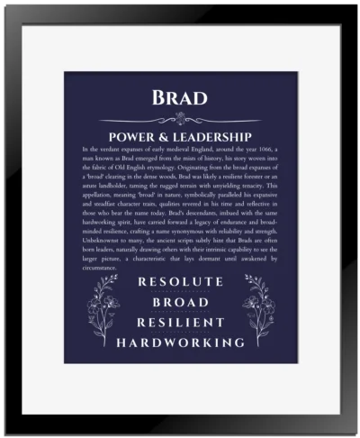 Brad custom name art showing meaning and origin in navy blue with black matte frame
