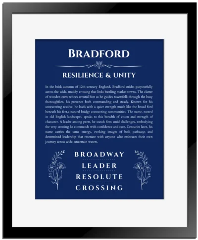 Bradford custom name meaning print in deep blue with black matte frame