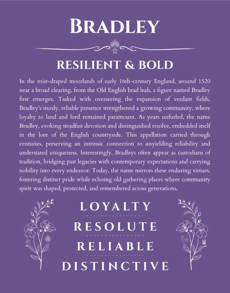 Bradley personalized name art with origin story in purple