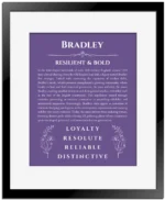 Bradley personalized name art with origin story in purple with black matte frame