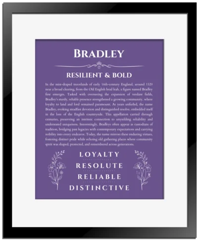 Bradley personalized name art with origin story in purple with black matte frame