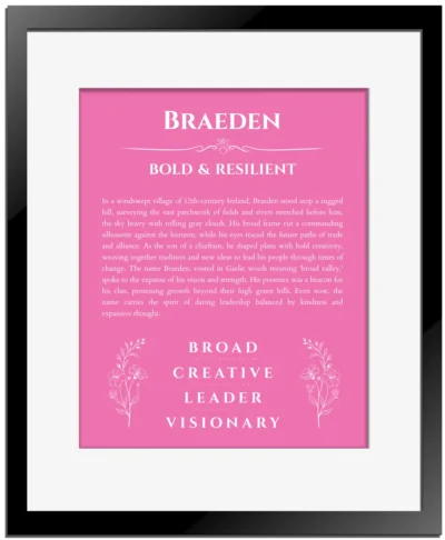 Braeden custom name print for wall display in pink with black matte frame