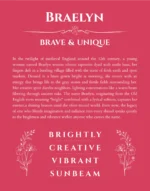 Braelyn personalized name art with origin story in red