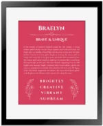 Braelyn personalized name art with origin story in red with black matte frame