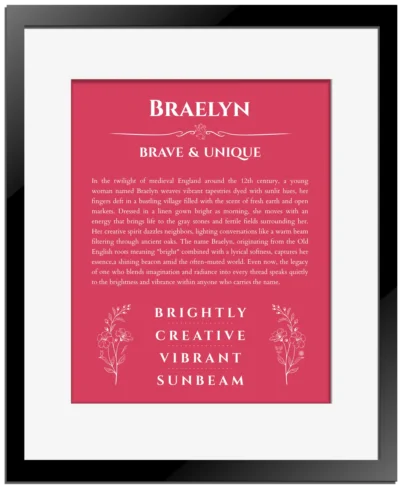 Braelyn personalized name art with origin story in red with black matte frame