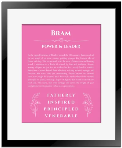 Bram custom name art showing meaning and origin in pink with black matte frame