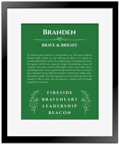 Branden custom name art showing meaning and origin in dark green with black matte frame