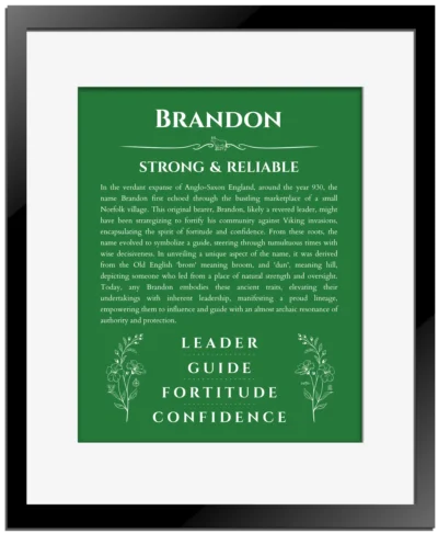 Brandon custom name art showing meaning and origin in dark green with black matte frame
