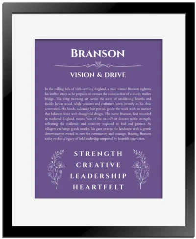 Branson name meaning wall art by Get Your Story in purple with black matte frame