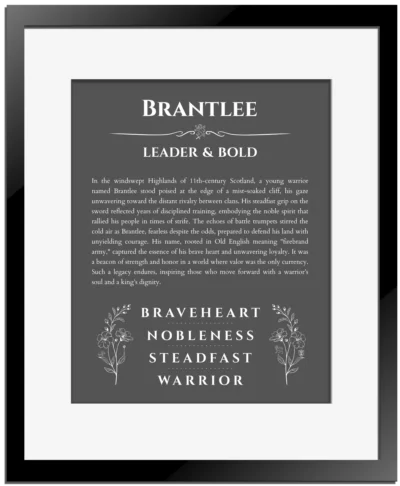 Brantlee custom name meaning print in gray with black matte frame