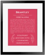 Brantley custom name art showing meaning and origin in red with black matte frame