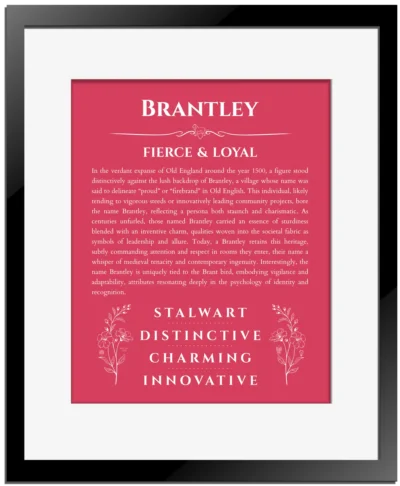 Brantley custom name art showing meaning and origin in red with black matte frame