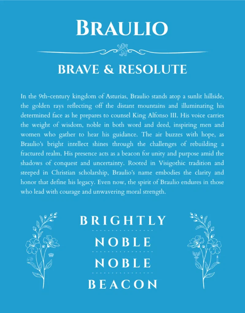 Braulio name origin print with meaning and traits in blue