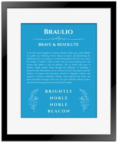 Braulio name origin print with meaning and traits in blue with black matte frame