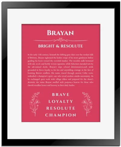 Brayan personalized name print with origin and traits in red with black matte frame