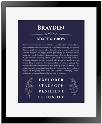 Brayden custom name print for wall display in navy blue with black matte frame