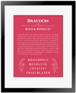 Braydon personalized wall art with the story of your name in red with black matte frame