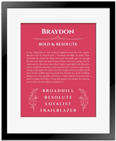 Braydon personalized wall art with the story of your name in red with black matte frame
