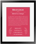 Brayleigh personalized name art with origin story in red with black matte frame