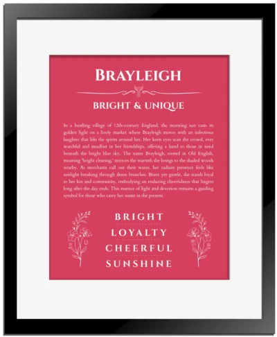 Brayleigh personalized name art with origin story in red with black matte frame