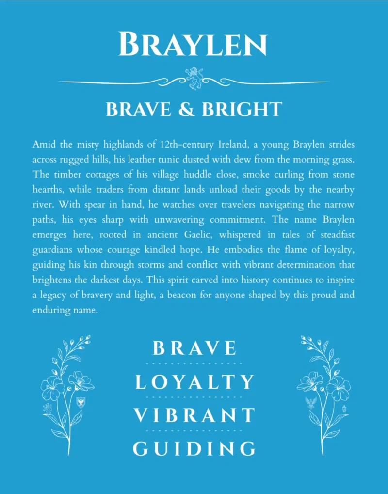 Braylen name origin print with meaning and traits in blue